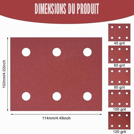 Lot de feuilles de papier abrasif auto-agrippant 102 mm x 114 mm, grain 40/60/80/100/120, 6 trous, compatible avec BO4555 BO4554 BO4561 (1/4)