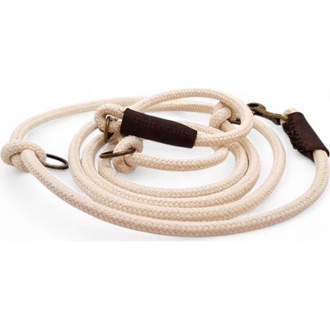 Laisse pour chien réglable multiposition en corde de coton bio écru 2,50 m avec mousquetons - PANGIVO