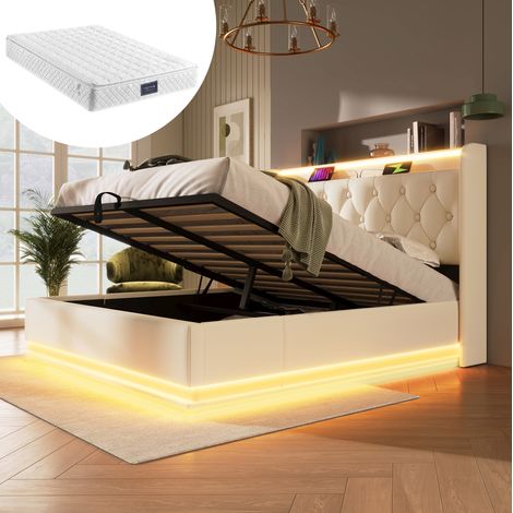 MEUBLIV Letto 140x200 cm bianco – LED, contenitore idraulico, con materasso (1/5)