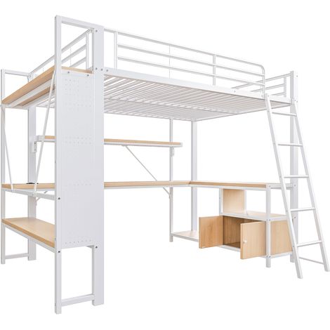 Letto a soppalco 140 x 200 cm in metallo e MDF con scrivania, vani, LED e USB, bianco (1/5)