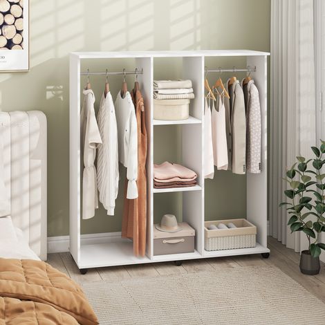 Armadio, mobile contenitore con 6 ruote, 120 x 40 x 128 cm, legno bianco