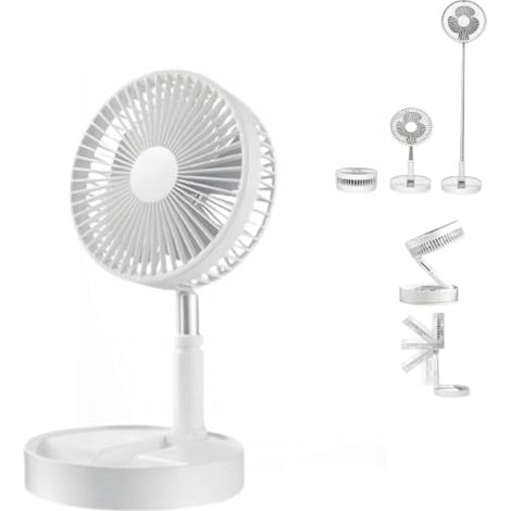 Faltbarer Standventilator, wiederaufladbar, tragbar, leise, kabellos, teleskopisch, für Reisen, Camping, Büro, Zuhause, Weiß, 5400 mAh (1/5)