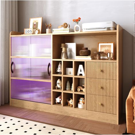 Buffet 120x30x85 cm en panneaux de bois et verre, naturel, avec rangement pour salon FloraGrace (1/5)