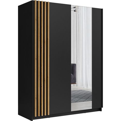 Armadio 2 ante scorrevoli Con specchio L150 cm Nero e Naturale - CALELA