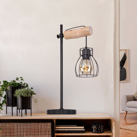 Retro Tischlampe Holz Tischleuchte Metall schwarz, Gitter Design Lampenschirm, 1x E27, LxH 33 x 55 cm