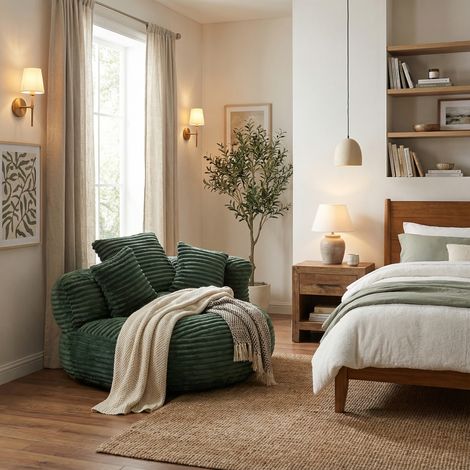 URBAN MEUBLE Canapé-lounge compressé — Pouf/canapé décontracté, durable et confortable, incluant trois coussins, en tissu chenille vert foncé (1/5)