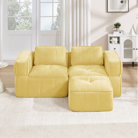 Canapé d'angle modulaire 198x162x67 cm en polyester jaune avec pouf, pour salon compact (1/5)