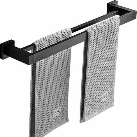 Porte-serviettes mural noir mat en acier inoxydable – Double barre 60CM – Résistant à l'humidité – Installation facile avec accessoires inclus