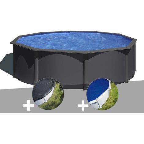 Kit piscine acier gris anthracite Gré Louko ronde 3,70 x 1,22 m + Bâche d'hivernage + Bâche à bulles