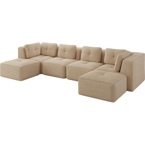 Modulares Ecksofa 4-Sitzer, Ohne Montage, Niedrige Sitzhöhe, Breite Armlehnen, Cord Beige, 386 x 177 x 69 cm (1/5)