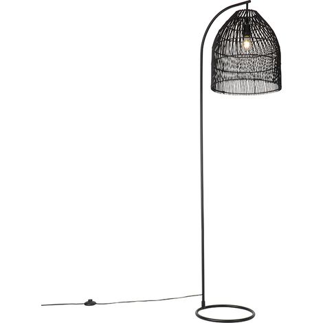 Qazqa – Lampadaire rustique noir 178 cm avec abat-jour en rotin – E27 max 60W – Éclairage intérieur pour salon et chambre