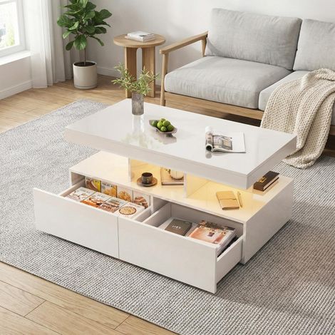 Tavolino da salotto LED rettangolare 104x53 cm, tavolo da soggiorno con 2 cassetti e vano contenitore, mobile da salotto moderno con finitura laccata lucida, Bianco