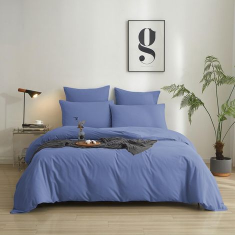 Parure de lit unie 135 x 200 cm - En coton - Bleu - Housse de couette 100 % coton lavé - Confortable et respirante - Avec fermeture éclair et 1 taie d'oreiller de 80 x 80 cm (1/5)