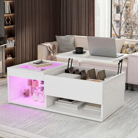 Klappbarer Couchtisch mit LED – 100 x 50 x 45 cm – Platte aus gehärtetem Glas und Stauraum – Wohnzimmertisch – Hochglanz weiß lackiert