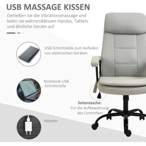 Fauteuil de bureau Vinsetto massant, siège ergonomique directionnel à bascule, hauteur réglable, rotation 360°, avec rangement latéral, aspect lin, beige (1/4)
