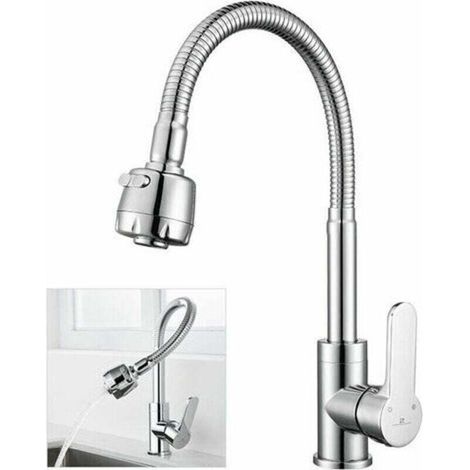 Robinet de cuisine en mousse à mémoire de forme - Robinet d'évier à ressort - 2 becs en option - Rotation à 360° - Chromé pour s'adapter à toutes les courbes (1/4)
