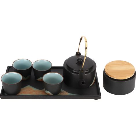 Schwarzes Keramik-Teeservice im japanischen Stil – Teekanne, Tassen und Tablett für die Teezeremonie (1/5)