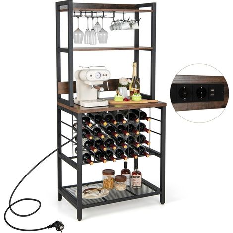 COSTWAY Casier à Vin Industriel de 24 Bouteilles, 4 Étagères de Rangement, Porte-Verre, Porte Bouteilles, Prises de Courant, 2 USB, pour Bar, Cuisine, 48 x 76 x 162,5 cm, Marron Rustique (1/5)