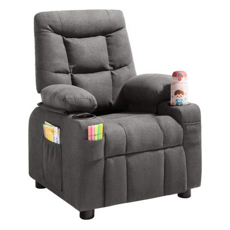Sillón Relax Reclinable para Niños, Sofá Infantil, Reposapiés y Respaldo Ajustable de 107° a 126°, 2 Portavasos y 4 Bolsillos para Almacenamiento, Butaca para Salón Lectura Siesta, Color Gris (1/5)