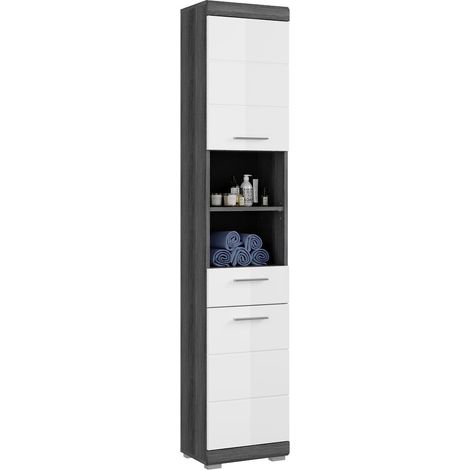 Badezimmer Hochschrank ca. 37 cm breit modern in Hochglanz weiß mit grau SIROCO-158 (1/4)