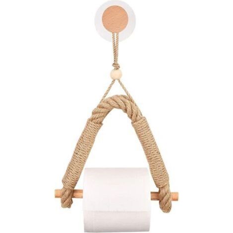 Self-Adhesive Toilet Roll Holder, Wood Roll Holder, Hemp Rope Paper Towel Holder, Wall-Mounted Tissue Holder, Retro Punch-Free Hemp Rope Toilet Paper Holder for Bathroom and Kitchen (1/5)