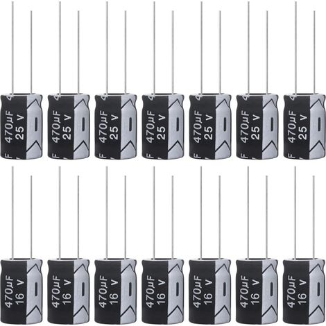Condensateur 470uF 25V Condensateurs Électrolytiques Aluminium 470μF 25Volts 8x12MM Electrolytic Capacitor 470 uF MFD 105°C (Paquet de 15 Pièces) (1/5)