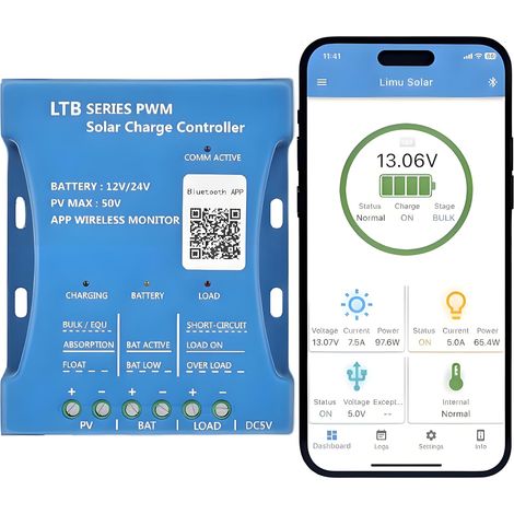【20A Bluetooth Contrôleur de Charge】12V/24V PWMs Régulateur Panneau Solaire Chargeur Routeur Solaire Bluetooth Intelligente Contrôleur avec 5V Port USB pour Plomb-acide, LiFePO4,Lithiu Batteries (1/5)