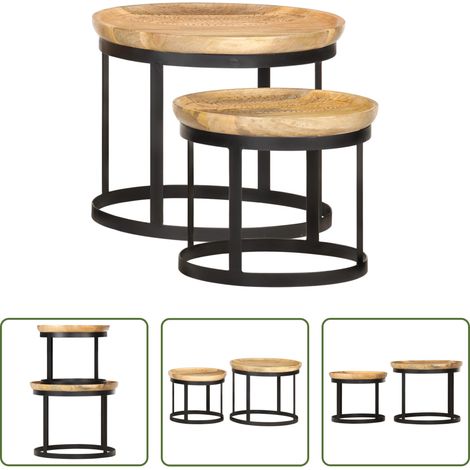 Table d'appoint en bois - Tables d'appoint rondes 2 pcs Bois de manguier solide et acier (1/5)