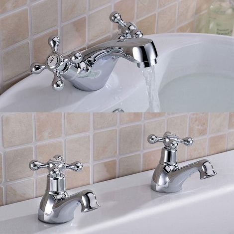 Stafford Victorian Traditional Cross Head Chrome Twin Bath Filler Taps & Basin Sink Mono Mixer Tap (1/5)