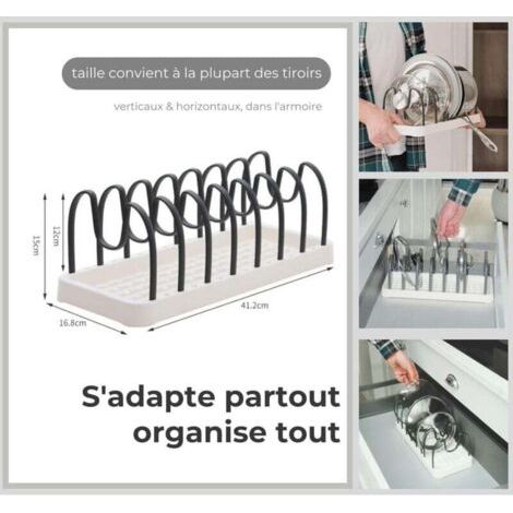 Organisateur de tiroir pour casseroles et poêles, support réglable pour couvercles de casseroles, organisateur universel pour couvercles de casseroles, gain de place dans les placards, noir. (1/3)