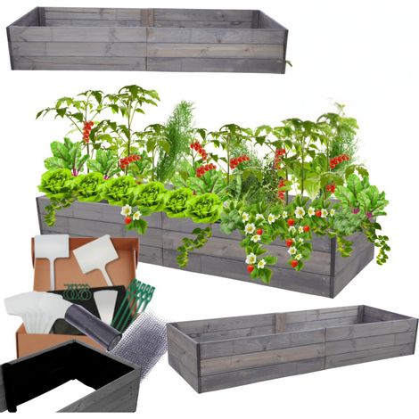 MODO24 Carré potager ZP06 surélevé en bois de pin massif pour jardin et terrasse, 27x163x80 cm, gris imprégné