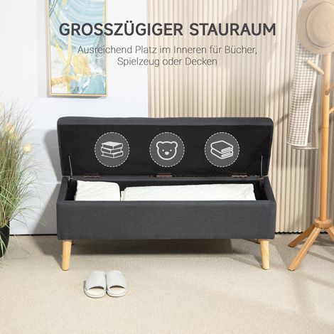 Banquette capitonnée à tiroirs de rangement, coffre de lit en lin et bois d'hévéa, dimensions 110 x 39 x 45 cm, teinte gris anthracite