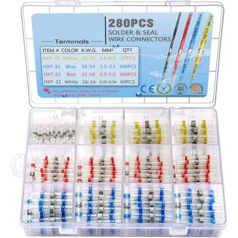 280pcs Cosses électriques Joint de soudure thermorétractable Joint de soudure en cuivre électrique Connecteur de câble thermorétractable 4 Taille de pince (1/5)