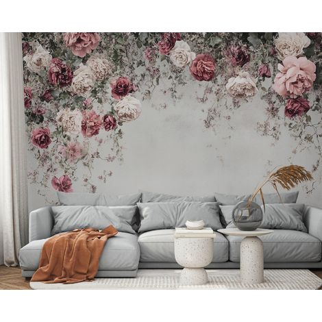 Vlies Fototapete Blumen Rosen 200x140 cm, Tapeten, für Wohn und Schlafzimmer, Vliestapete Wandtapete Tapete 3D Effekt- inkl. Kleister - botanisch Blume Grau Rosa, WallArena (1/4)
