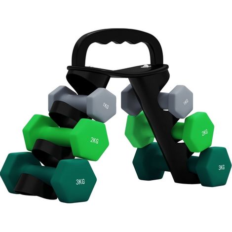 Set de mancuernas con soporte de almacenamiento, 6 piezas, 2 x 1 kg, 2 x 2 kg, 2 x 3 kg, metal (1/4)