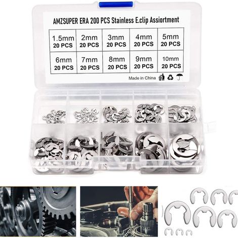 Circlip en acier inoxydable 304 – Lot de 200 pièces – Diamètres 1,5 à 10 mm – Résistant à la chaleur et à la corrosion – Pour applications industrielles (1/5)