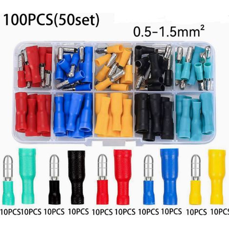 100 Pièces Cosses a Sertir Electriques Plate, Connecteur Electriques Mâles et Femelles Isolée, Cosse Electrique Cylindriques pour Voiture