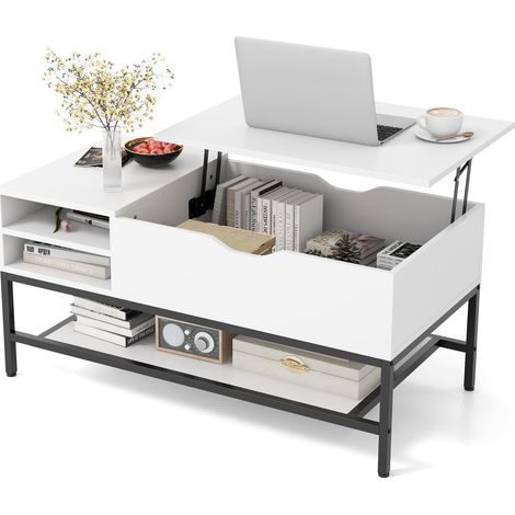 COSTWAY Lift Top Coffee Table Living Room Table w/ Storage Shelf-White (1/5)
