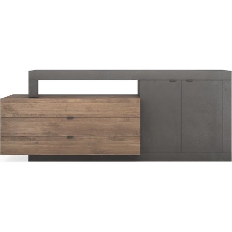Vetrina design con porte in vetro e ripiani in vetro, collezione JET, bianco lucido laccato/grigio effetto cemento