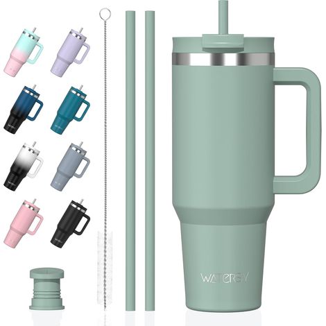 Bouteille Isotherme Inoxydable 1,2 L avec 2 Pailles, Gobelet à Café anti-Fuite, Isotherme Sous vide avec Couvercle à vis sans BPA, Gourde Rafraîchissante Pendant 12 Heures, Vert Rétro (1/5)