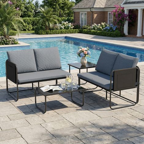 Conjunto Jardín Exterior de 4 Piezas con 2 Sofás 2 Plazas 2 Mesas de Vidrio Cojines Fundas Extraíbles y Bolsillos Gris (1/5)