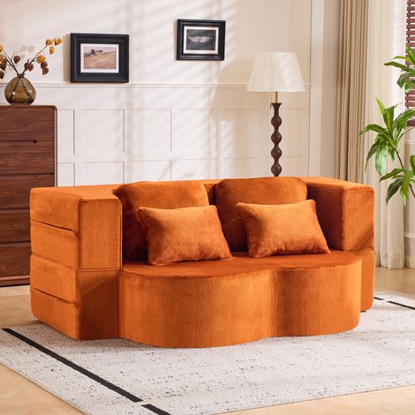 Sofá cama plegable de suelo naranja de tejido suave con 4 cojines OKWISH (1/5)