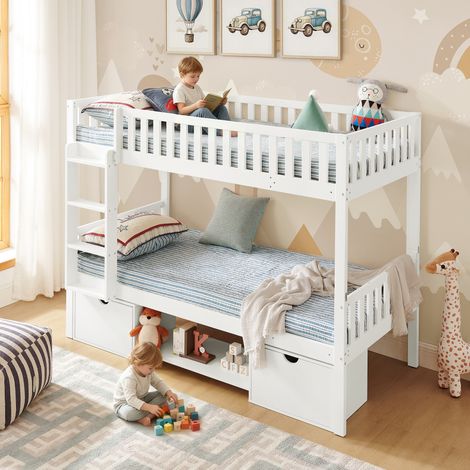 Lit superposé enfant en bois 90×200 cm convertible 2 lits simples avec barrières de sécurité et tiroirs de rangement échelle  Blanc (1/5)