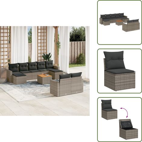 The Living Store Salon de jardin avec coussins 10 pcs gris résine tressée - Salon De Jardin - Mobilier Extérieur - Set Salon - Résine Tressée - Rotin Synthétique (1/5)