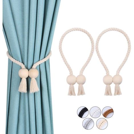 Ecleanfy - Embrasses de rideaux magnétiques en coton tissé 54 cm - lot de 2 (beige, perles bois) (1/5)
