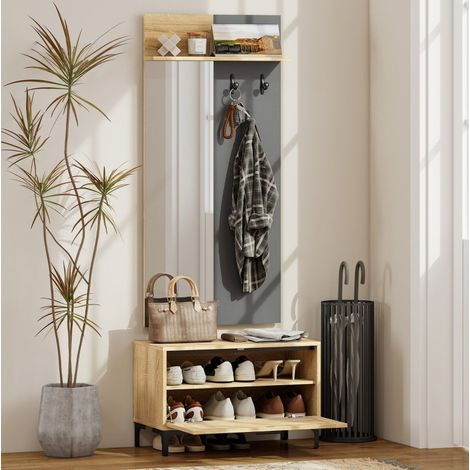 Ensemble d’entrée avec banc à chaussures, miroir, 3 crochets et étagère ouverte OKWISH (1/5)
