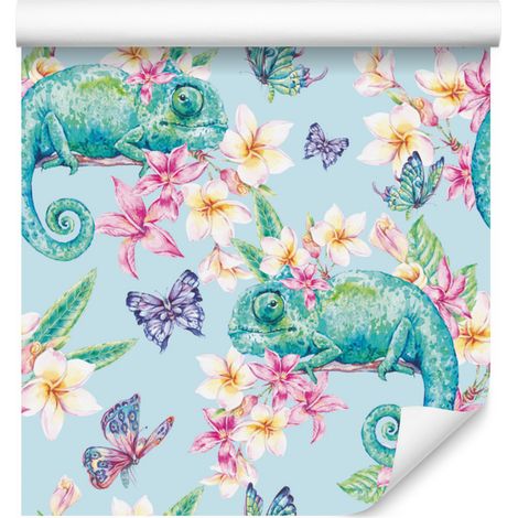 Papier peint caméléons, papillons et fleurs pour salon et chambre 50x1000 cm (1/5)