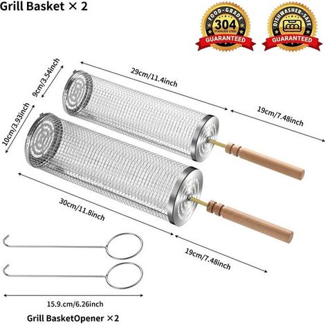 Panier à barbecue à roulettes - Le meilleur panier à barbecue jamais conçu, grille ronde en acier inoxydable - Cage à barbecue 30+29 avec poignée en bois extensible (1/2)