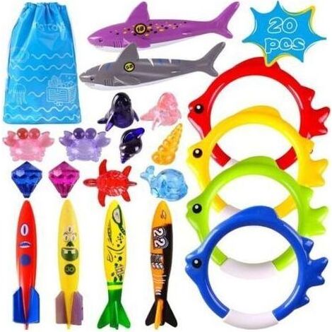Pool-Spielzeug 20-teilig, Tauchspielzeug, Kinder-Poolspiele, Outdoor-Spielgeschenk für Jungen und Mädchen von 3-12 Jahren, Tauchringe, Torpedo-Banditen mit Tasche, Unterwasser-Training für Kinder (1/5)