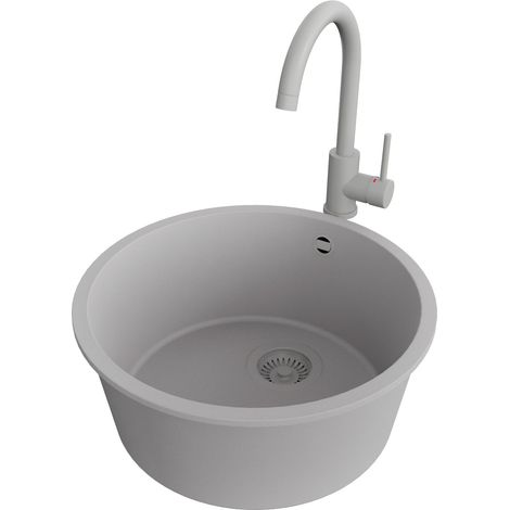 PRIMAGRAN Evier Sous Plan 46x46cm,Evier en Granit 1 bac + Robinet 32x20cm + Kit de Vidage, Évier au meuble 50cm - La Valette, Gris (1/5)